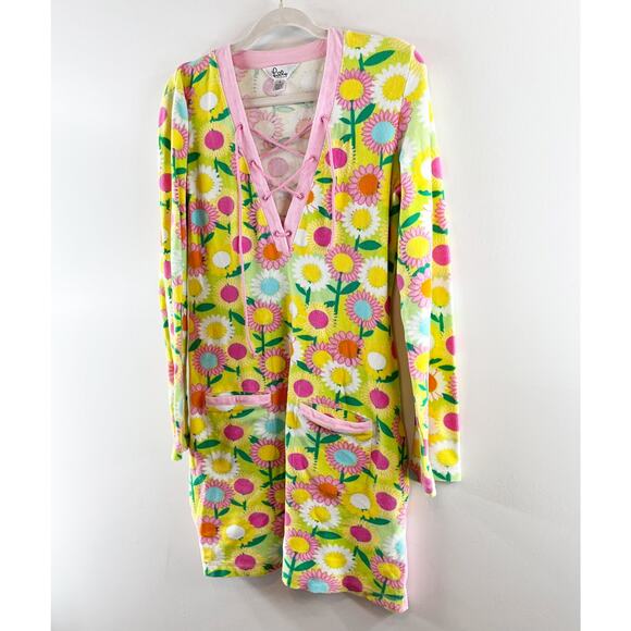 Lilly Pulitzer Vintage Terry Cloth Long Sleeve Floral Mini Cover Up Dress Yellow - Picture 7 of 10